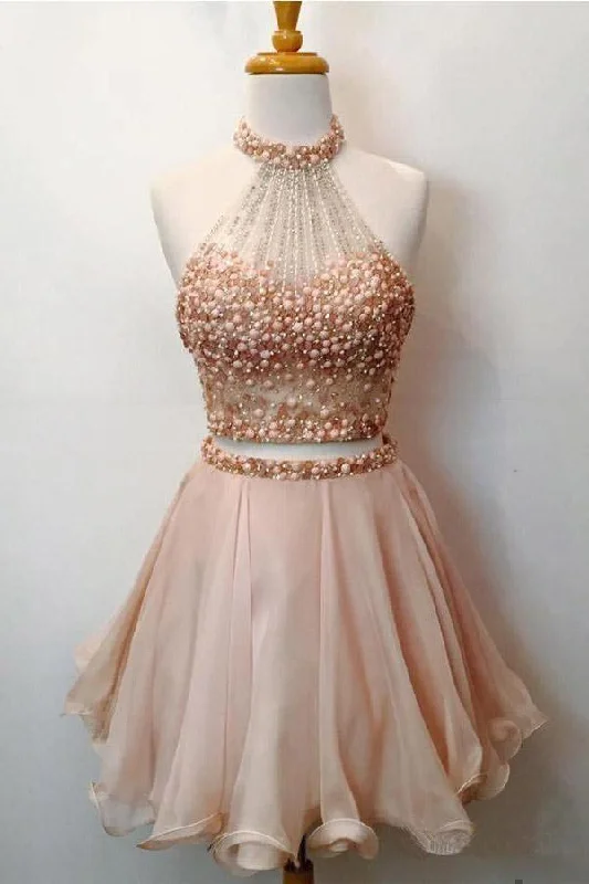 Party dresses with a peplum waist for a feminine and flattering silhouetteTwo Piece Halter Homecoming Dresses Blush Pink Short Prom Dresses PD289 Party dresses with a peplum waist for a feminine and flattering silhouetteTwo Piece Halter Homecoming Dresses Blush Pink Short Prom Dresses PD289
