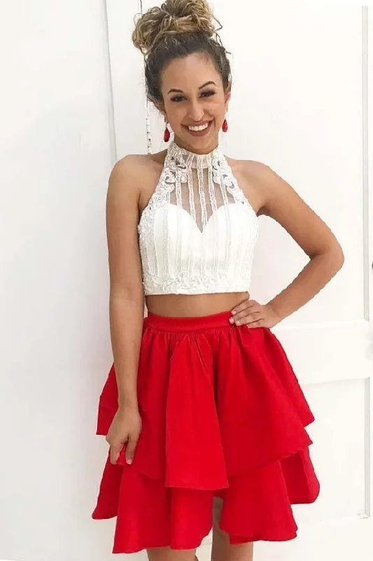 80s - inspired party dresses with bold colors and big shoulders​Two Piece High Neck Short Red Satin Homecoming Dress with Beading  PD164