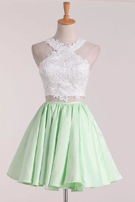 Party dresses with a cut - out design for a daring and edgy styleTwo-Piece Scoop Homecoming Dresses A Line Satin With Applique PD411 Party dresses with a cut - out design for a daring and edgy styleTwo-Piece Scoop Homecoming Dresses A Line Satin With Applique PD411
