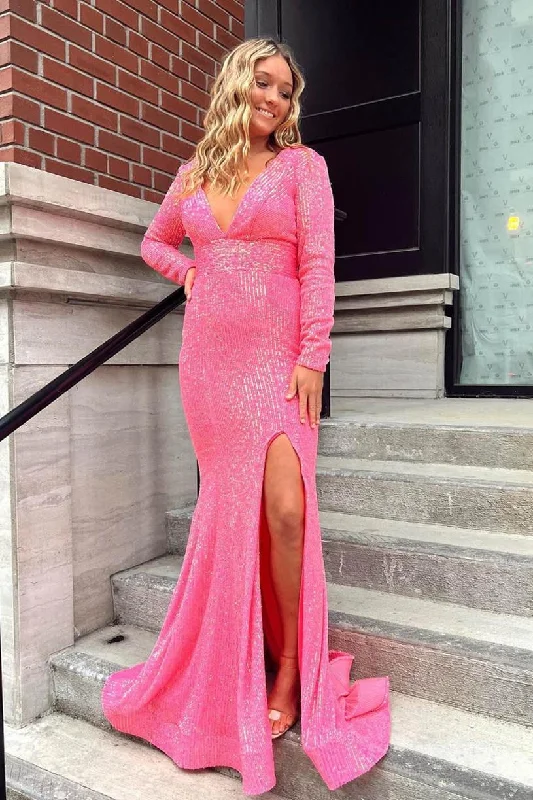 Sparkly sequined party dresses for a glamorous lookV-Neck Backless Pink Prom Formal Dress with Long Sleeves PSK315 Sparkly sequined party dresses for a glamorous lookV-Neck Backless Pink Prom Formal Dress with Long Sleeves PSK315