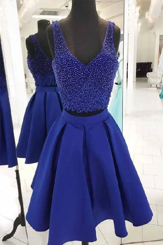 Party dresses with a criss - cross back design for a stylish detail​V Neck Beaded Royal Blue Two Piece Short Prom Dress Homecoming Dresses  PD162