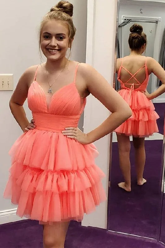 Empire - waist party dresses to accentuate the waistlineV Neck Layered Coral Short Prom Dresses Homecoming Dresses PD446 Empire - waist party dresses to accentuate the waistlineV Neck Layered Coral Short Prom Dresses Homecoming Dresses PD446