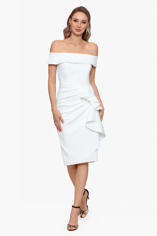 Metallic cocktail dresses with a halter neck for a glamorous occasion"Vanessa" Short Off The Shoulder Scuba Crepe Side Ruched Dress