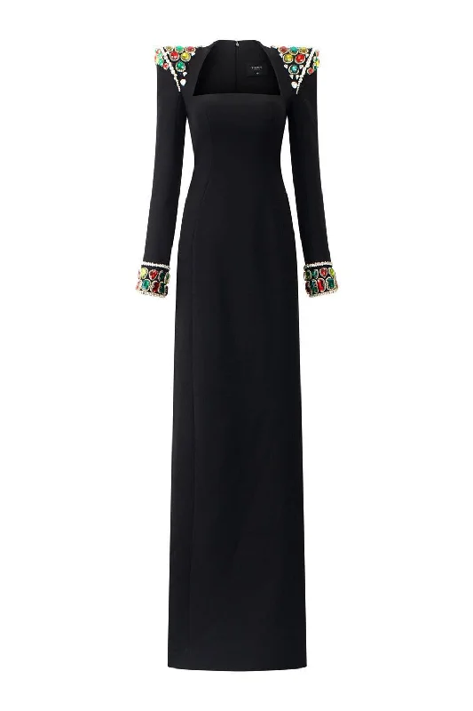 Party dresses with a detachable train for added versatility​Venture Sheath Queen Anne Neck Velvet Floor Length Dress