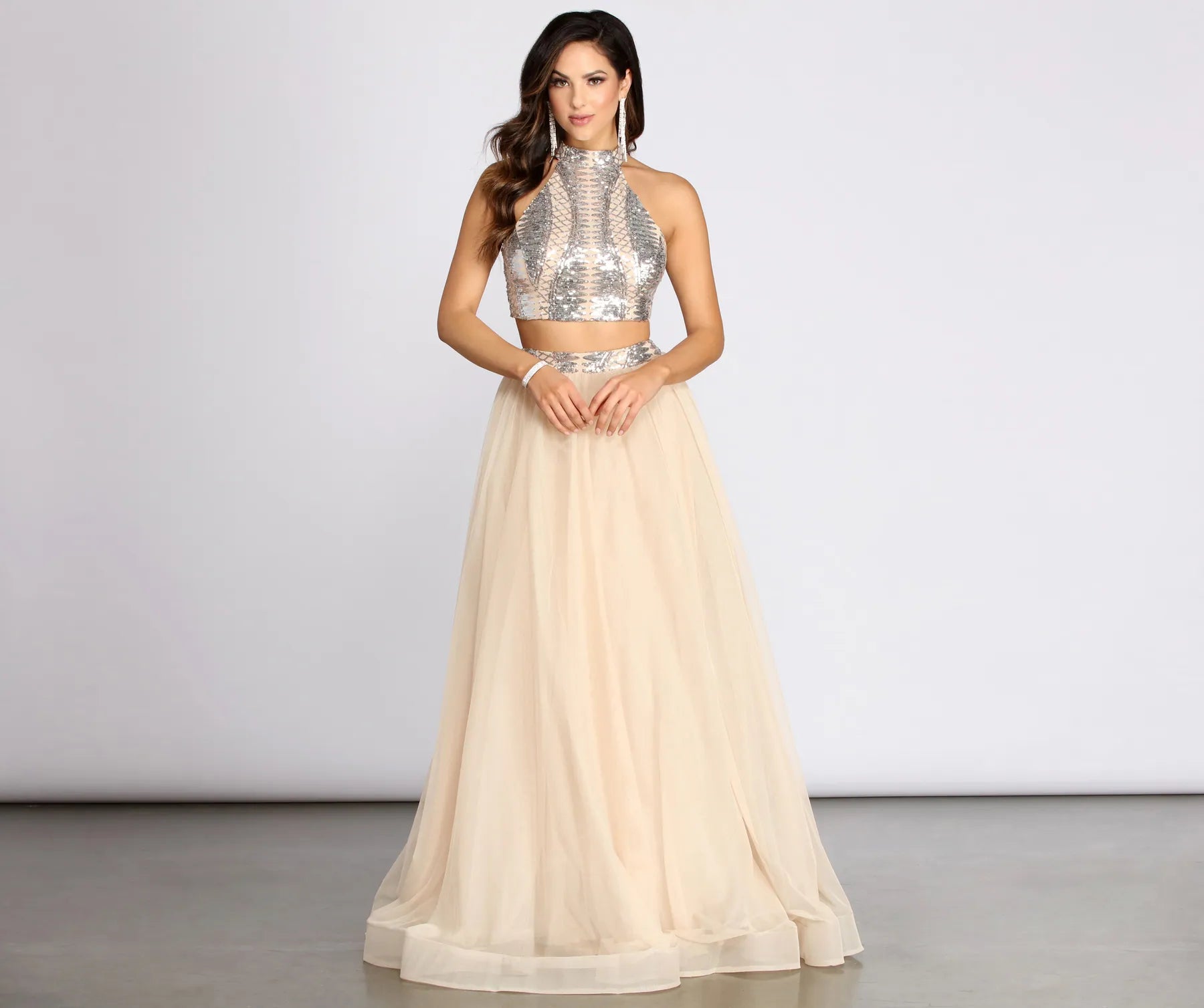 Wedding guest dresses with cold - shoulder designs and solid colorsVia Two Piece High Neck Tulle Dress