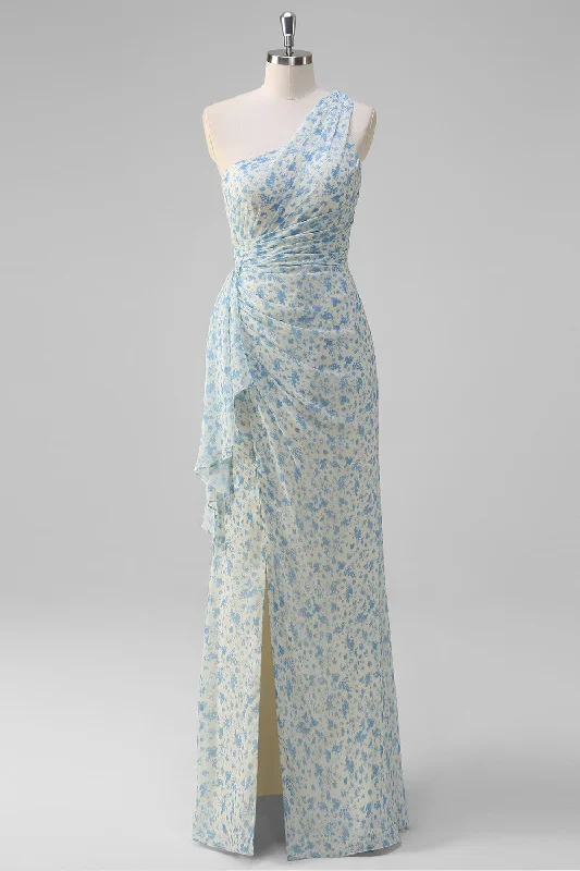Wrap - style wedding guest dresses with bow accentsWhite Blue Flower One Shoulder Bridesmaid Dress with Slit Wrap - style wedding guest dresses with bow accentsWhite Blue Flower One Shoulder Bridesmaid Dress with Slit