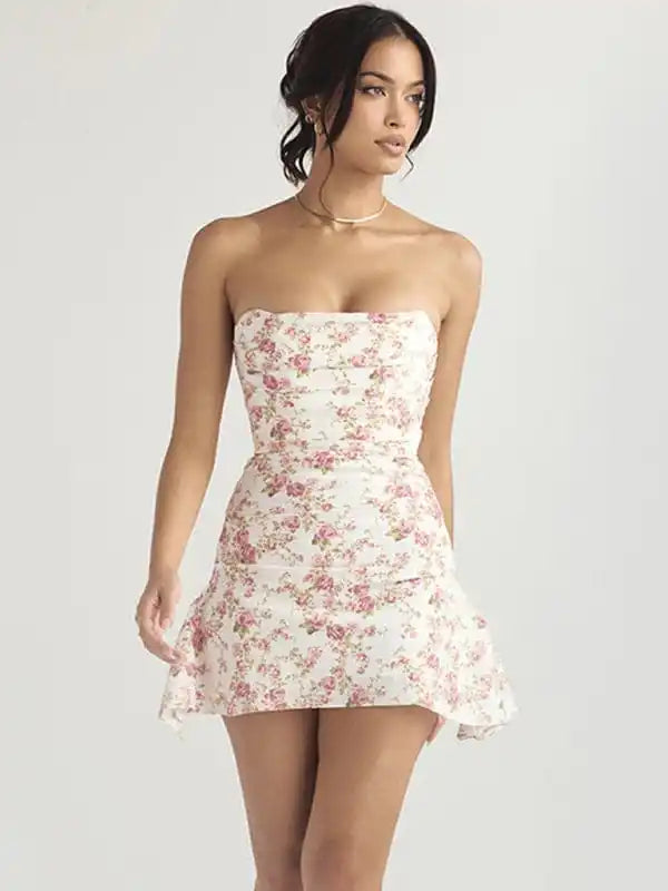 Mini cocktail dresses with a glittery finish for a party - ready styleWomen’s Fashionable Tubeless Backless Skirt Hot Girl Fitted Floral French Dress Mini cocktail dresses with a glittery finish for a party - ready styleWomen’s Fashionable Tubeless Backless Skirt Hot Girl Fitted Floral French Dress