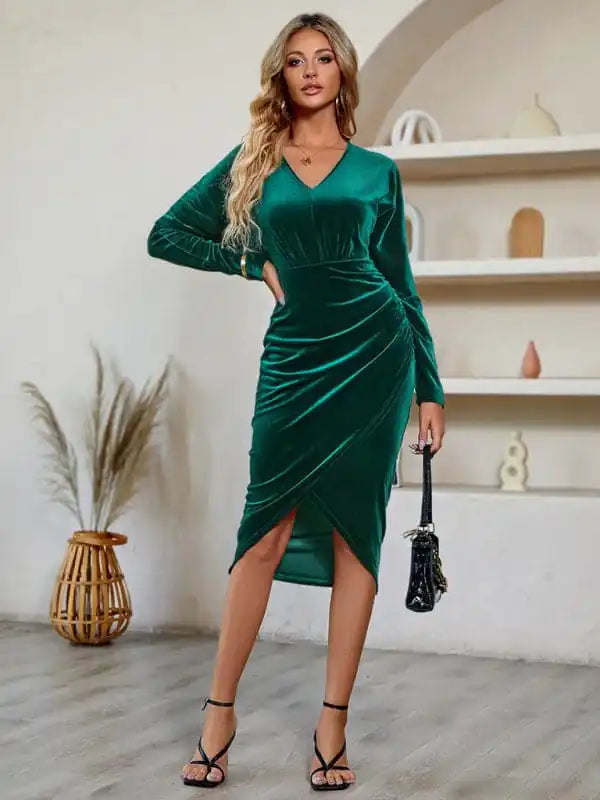 Cocktail dresses with a tiered skirt and a bow at the waistWomens Long Sleeve Velvet Dress Wrap Ruched V Neck Bodycon Slim Cocktail Party Club Dresses