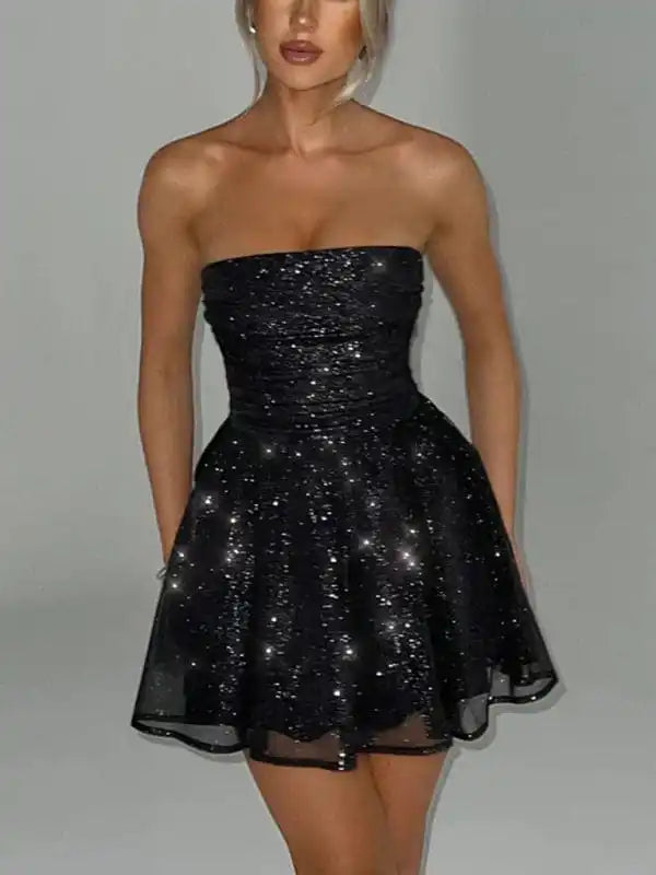 Cocktail dresses with a mesh panel and a high - neck designWomen’s tube top dress sleeveless slim hip wrap dress