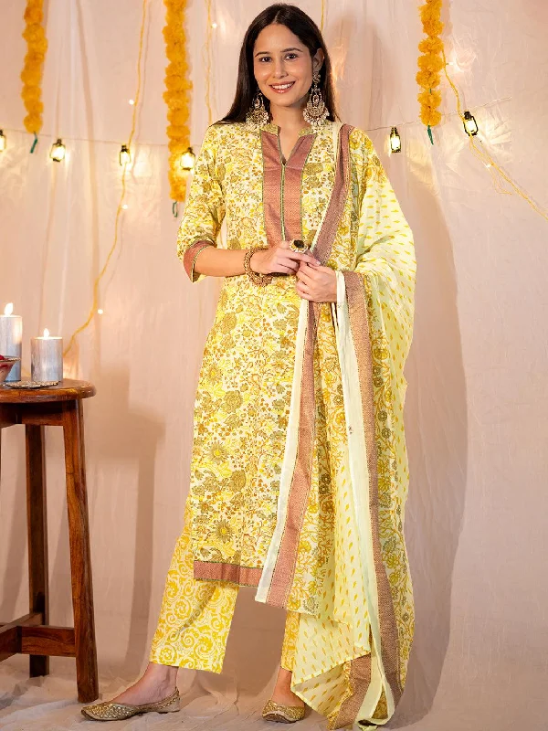 Cocktail dresses with a keyhole back and a midi - lengthYellow Printed Cotton Straight Suit With Dupatta