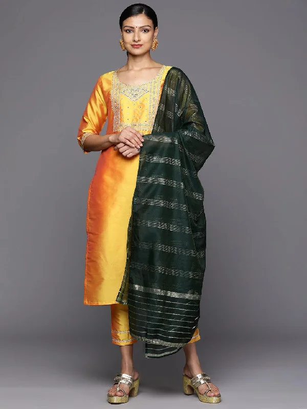 Cocktail dresses with a metallic - embroidered pattern and a midi - hemYellow Printed Silk Blend Straight Kurta With Trousers & Dupatta