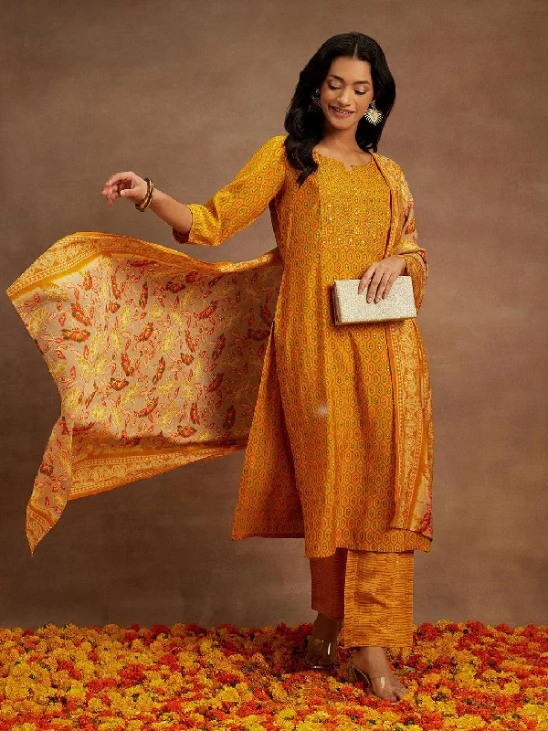 Cocktail dresses with a patchwork pattern and a mid - thigh lengthYellow Printed Silk Blend Straight Suit With Dupatta
