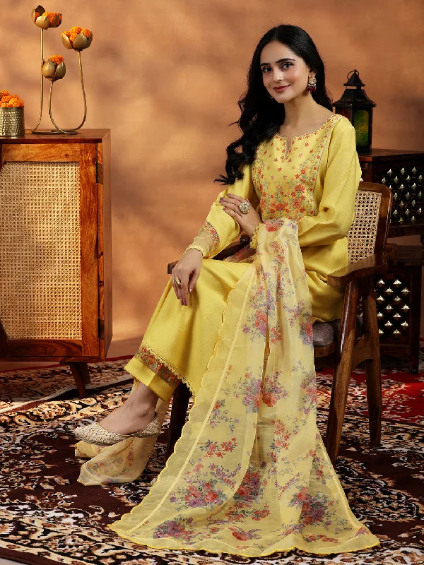 Cocktail dresses with a mesh panel and a high - neck designYellow Yoke Design Silk Blend Straight Suit With Dupatta