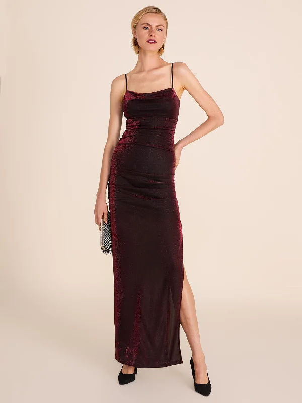 Formal dresses with off - the - shoulder sleeves and rhinestone accents for a sophisticated promMetallic Cowl Neck Gown Formal dresses with off - the - shoulder sleeves and rhinestone accents for a sophisticated promMetallic Cowl Neck Gown
