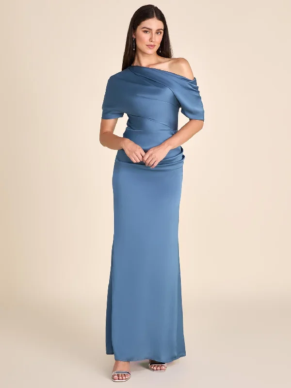 Long - train formal dresses in chiffon for a dramatic prom entranceOne-Shoulder Satin Gown With Pleated Detail