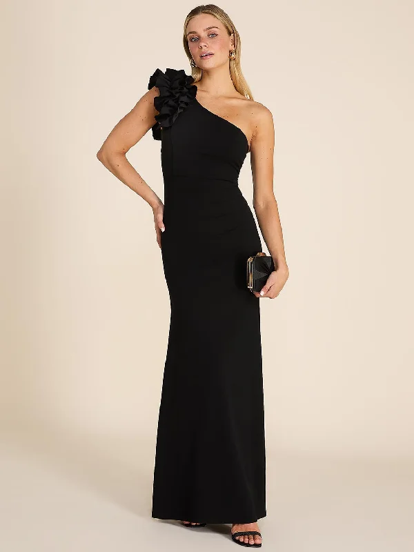 Formal dresses with tiered skirts and pearl embellishments for a luxurious feelRosette One-Shoulder Fitted Gown Formal dresses with tiered skirts and pearl embellishments for a luxurious feelRosette One-Shoulder Fitted Gown