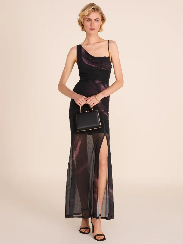 Prom dresses with side - slit skirts and beaded fringes for a glamorous appearanceAbstract Print Cowl Neck Mesh Gown Prom dresses with side - slit skirts and beaded fringes for a glamorous appearanceAbstract Print Cowl Neck Mesh Gown