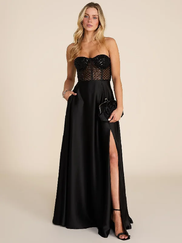 Strapless formal dresses with tulle skirts for a classic prom lookSleeveless Sequin Bustier & Satin Gown Strapless formal dresses with tulle skirts for a classic prom lookSleeveless Sequin Bustier & Satin Gown