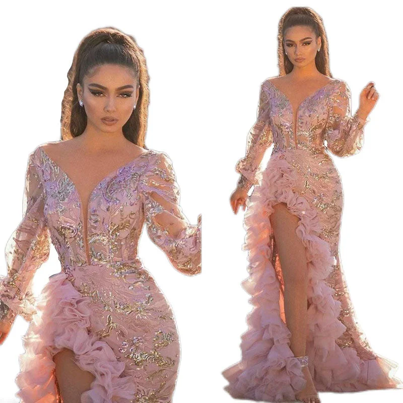 Formal dresses with tiered lace skirts and off - the - shoulder necklines for a feminine and elegant formal appearance2022 Hot Sale Deep V Neck Women Sequins Pink Long Mesh Prom Evening Dresses Party Wedding Dress