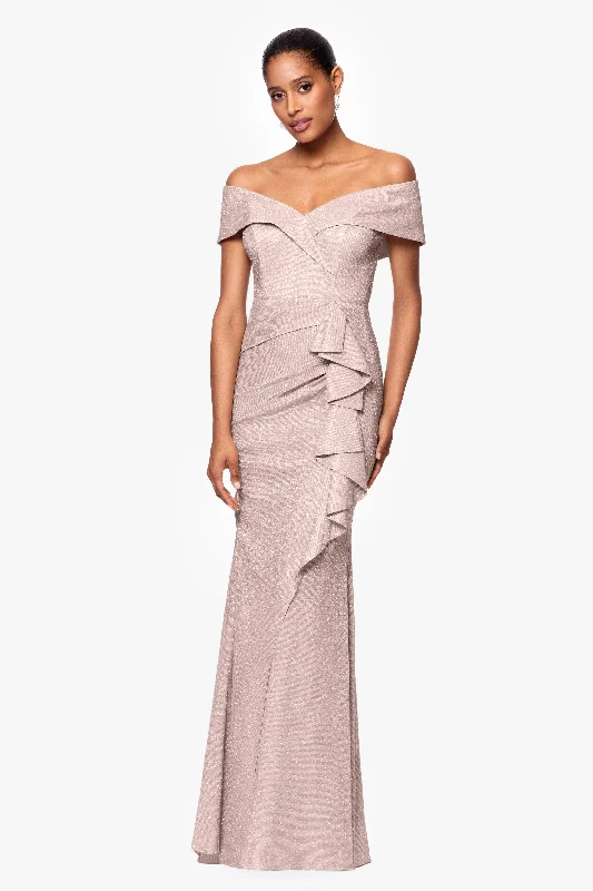 Formal dresses with high - low hems and floral embroidery for a unique prom style"Raveena" Long Foil Knit Off the Shoulder Floor Length Ruffle Dress Formal dresses with high - low hems and floral embroidery for a unique prom style"Raveena" Long Foil Knit Off the Shoulder Floor Length Ruffle Dress
