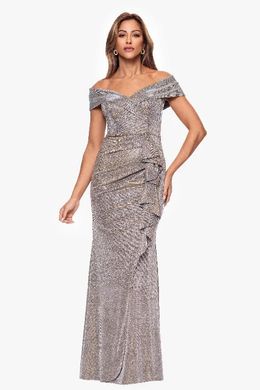 Formal dresses with tiered lace skirts and off - the - shoulder necklines for a feminine and elegant formal appearancePetite "Raveena" Long Foil Knit Off the Shoulder Floor Length Ruffle Dress Formal dresses with tiered lace skirts and off - the - shoulder necklines for a feminine and elegant formal appearancePetite "Raveena" Long Foil Knit Off the Shoulder Floor Length Ruffle Dress