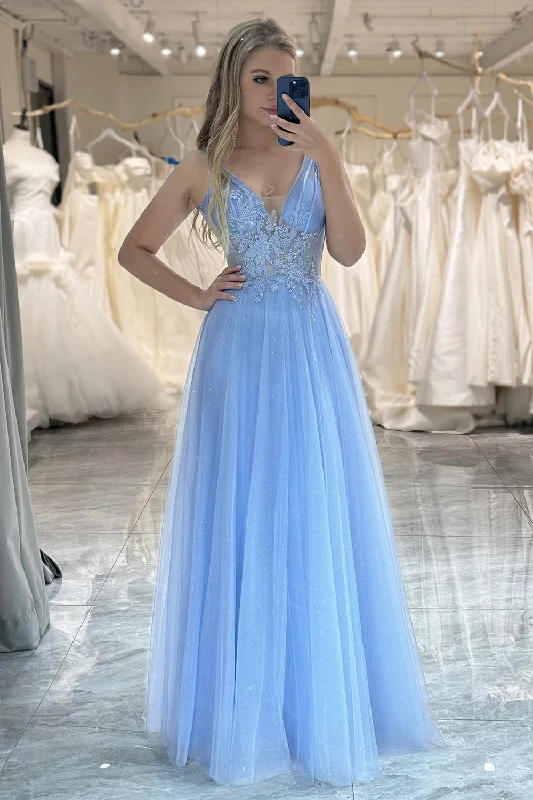Ball - gown style formal dresses with sequined bodices for promA Line Light Blue Tulle Long Corset Prom Dress