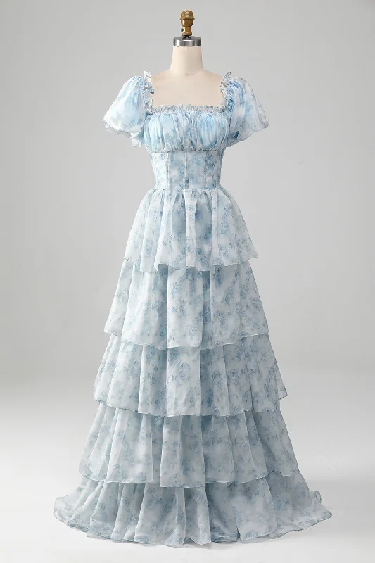 Formal dresses with embroidered panels and tulle overlays for a fairytale promA Line Square Neck Light Blue Tiered Prom Dress with Ruffles