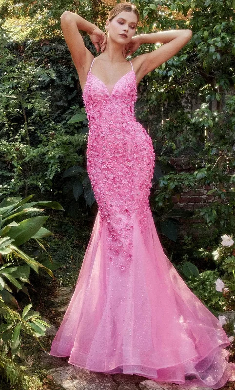 Prom dresses with gathered skirts and crystal - encrusted belts for a luxurious promAndrea and Leo A1201 - Floral Appliqued Lace-Up Prom Gown
