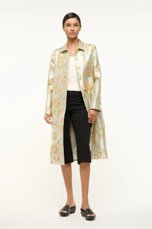 Prom dresses with one - shoulder ruffled straps and geometric patterns for a contemporary and eye - catching formal eventANTOINETTE COAT | METALLIC BLOOM