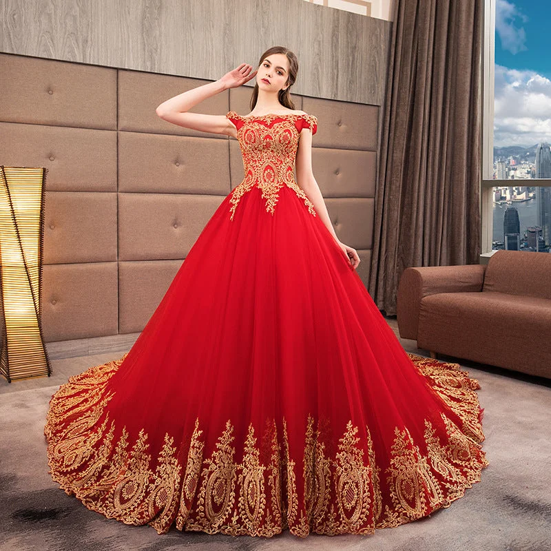 Formal dresses with geometric patterns and metallic accents for a modern formal affairAppliqued Gold Lace Off Shoulder Ball gown wedding Evening pattern Red Muslim Asian European American Traditional dress