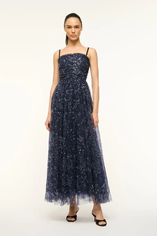 Formal dresses with abstract print panels and rhinestone embellishments for a unique formal eventBETTINA DRESS | ZODIAC CONSTELLATION