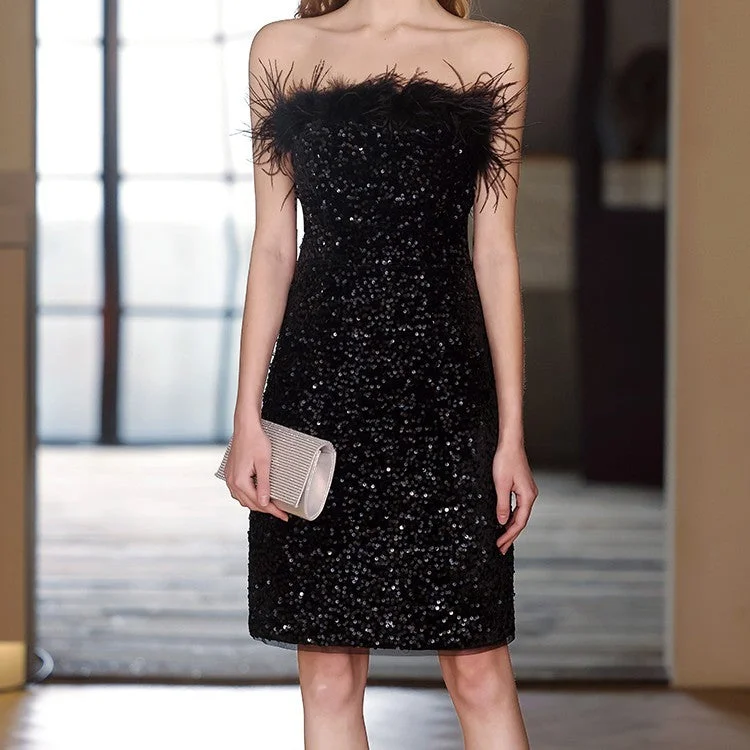 Ball - gown style formal dresses with sequined bodices for promBlack Feather Sequins Off-shoulder Banquet Evening Dress Ball - gown style formal dresses with sequined bodices for promBlack Feather Sequins Off-shoulder Banquet Evening Dress