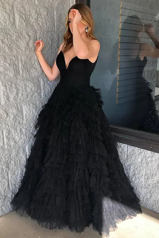 Retro - style party dresses inspired by the 1920s - 1980s​Black Tulle A Line Tiered Long Prom Dress