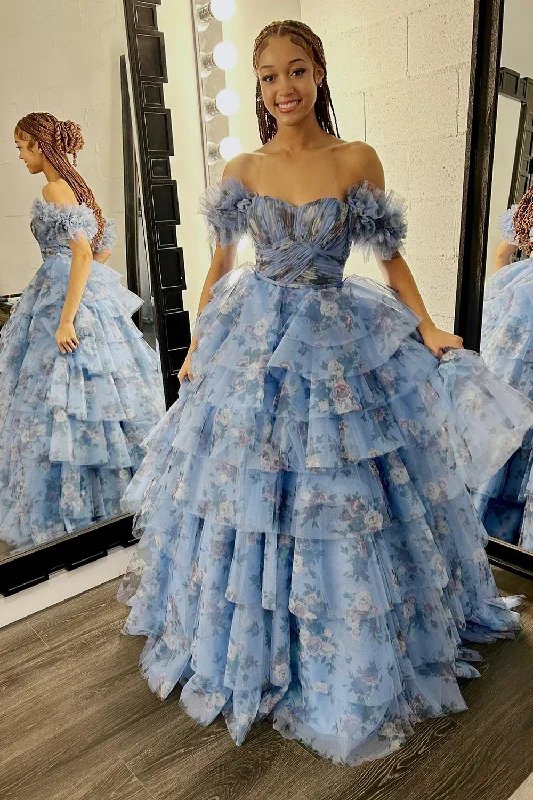 Formal dresses with ruffled skirts and bow accents for a charming prom appearanceBlue Off the Shoulder Floral Printed Tiered Prom Dress with Pleated