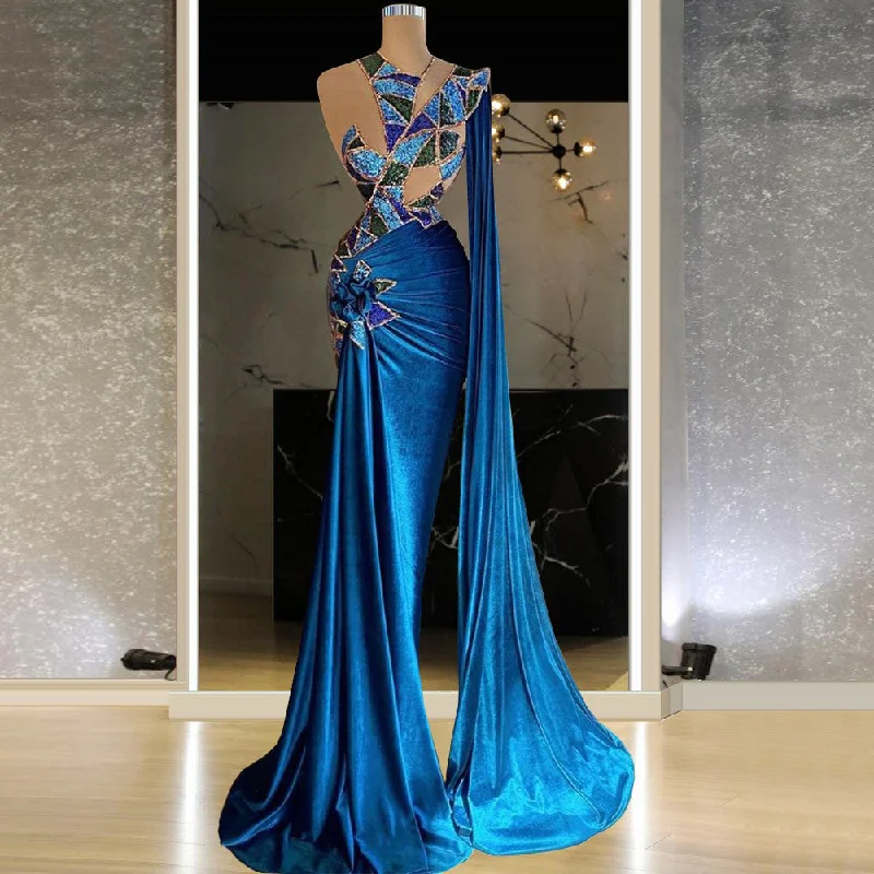 Long - train formal dresses in chiffon for a dramatic prom entranceBlue Stage Wear One Shoulder Vestidos Largos Runway Dresses Vestidos De Fiesta Largo Quinceanera Dress Ball Gowns Maxi Dress