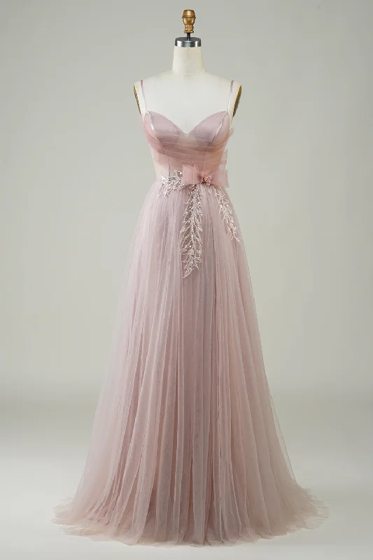 Sleeveless party dresses made of silk for a luxurious feel​Blush A-Line Corset Long Tulle Prom Dress with Appliques