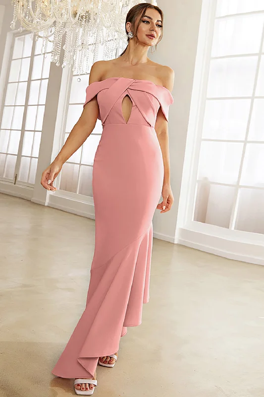 Party dresses with a geometric pattern for a contemporary look​Blush Off the Shoulder Irregular Mermaid Prom Dress With Ruffles