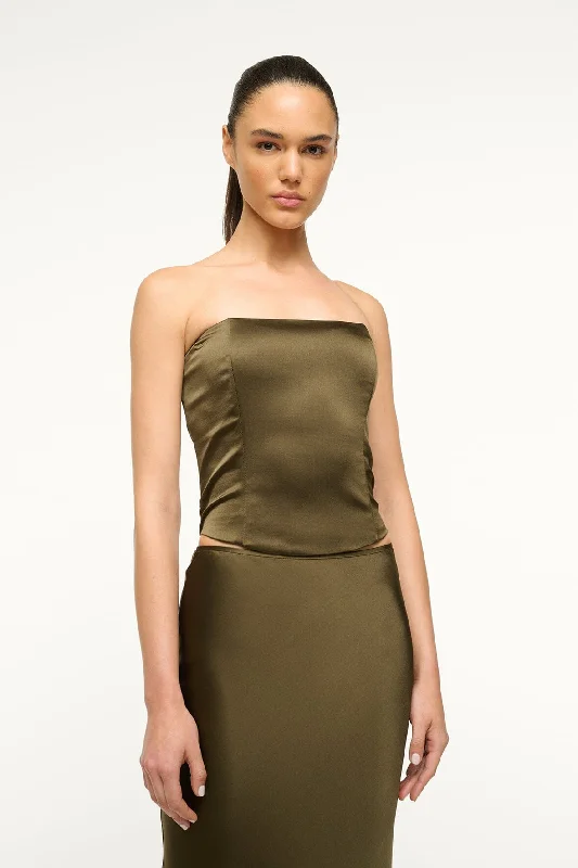 Formal dresses with tiered skirts and pearl embellishments for a luxurious feelBRUNSWICK SILK TOP | WOODLAND