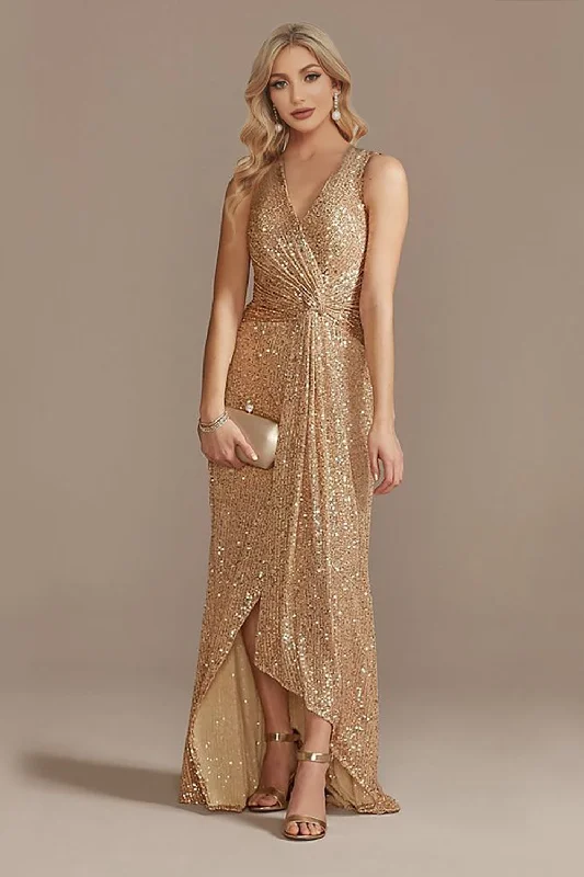 Party dresses with a geometric pattern for a contemporary look​Champagne V-Neck High Low Sequin Prom Dress