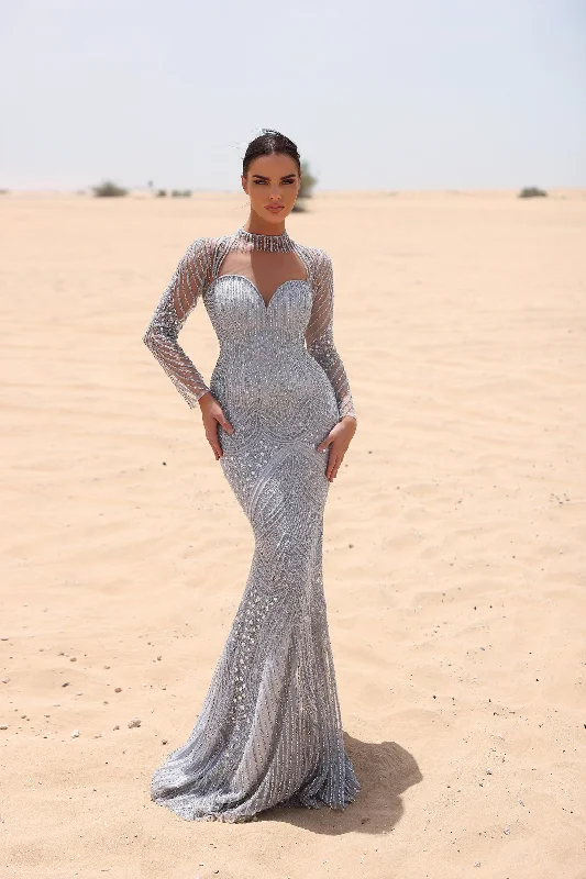 Prom dresses with side - slit skirts and beaded fringes for a glamorous appearanceChic and Holland HF110052
