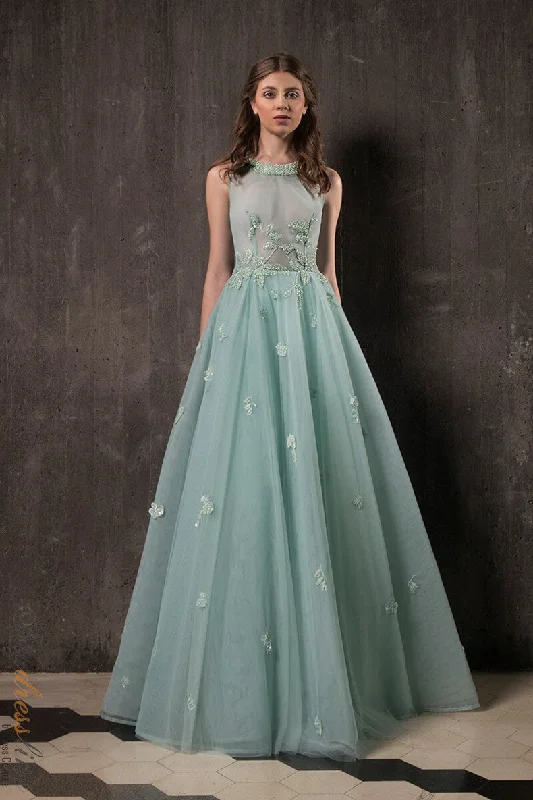 Tea - length formal dresses with lace trim for a semi - formal promChrystelle Atallah Muse M01