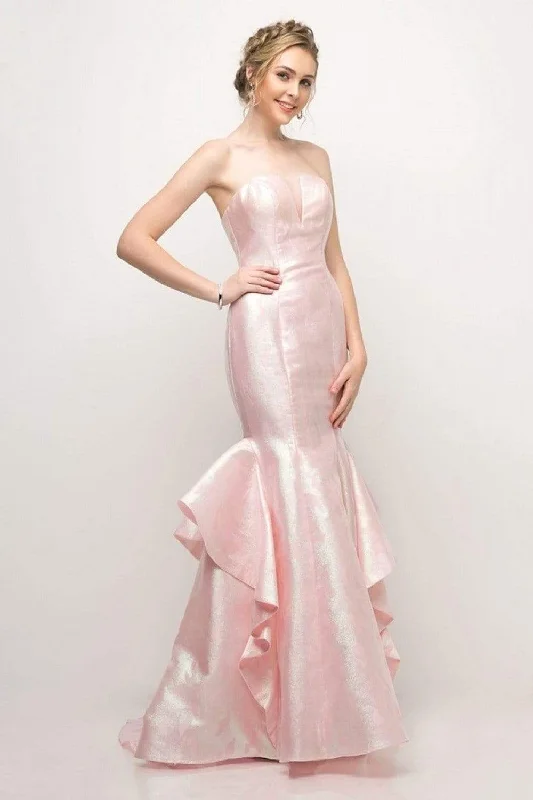 Prom dresses with tiered lace skirts and off - the - shoulder necklines for a feminine and elegant formal affairCinderella Divine - A5033 Strapless Jacquard Layered Mermaid Gown