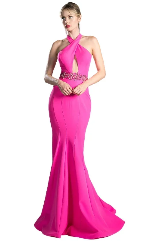 Sequined formal dresses with open backs for a sexy prom styleCinderella Divine - Beaded Halter Neck Scuba Mermaid Dress