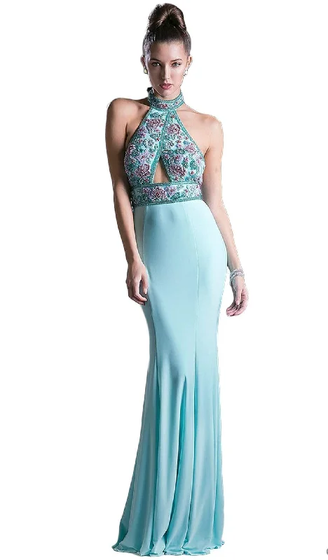 Prom dresses with metallic - colored fabrics and beaded embroidery for a glamorous promCinderella Divine - Embellished High Halter Evening Dress