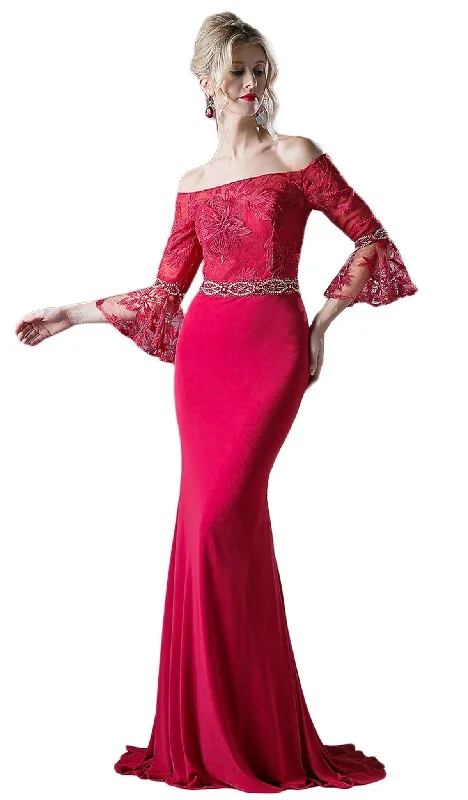 Prom dresses with one - shoulder ruffled straps and geometric patterns for a contemporary and eye - catching formal eventCinderella Divine - Off-Shoulder Flounce Fitted Gown