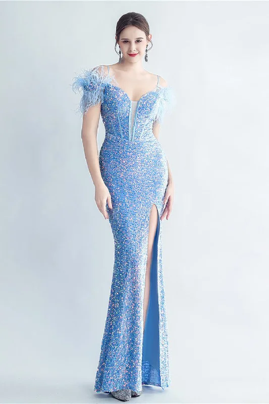 Party dresses with a satin - lined interior for added comfort​Cold Shoulder Sequins Blue Corset Prom Dress with Feathers