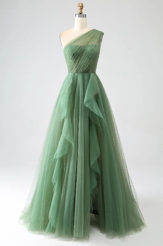 Prom dresses with tiered ruffled sleeves and satin skirts for a feminine and voluminous lookDark Green Tulle A-Line One-Shoulder Long Prom Dress