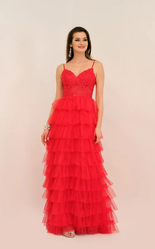 Formal dresses with tiered skirts and pearl embellishments for a luxurious feelDave and Johnny 11148 Dress