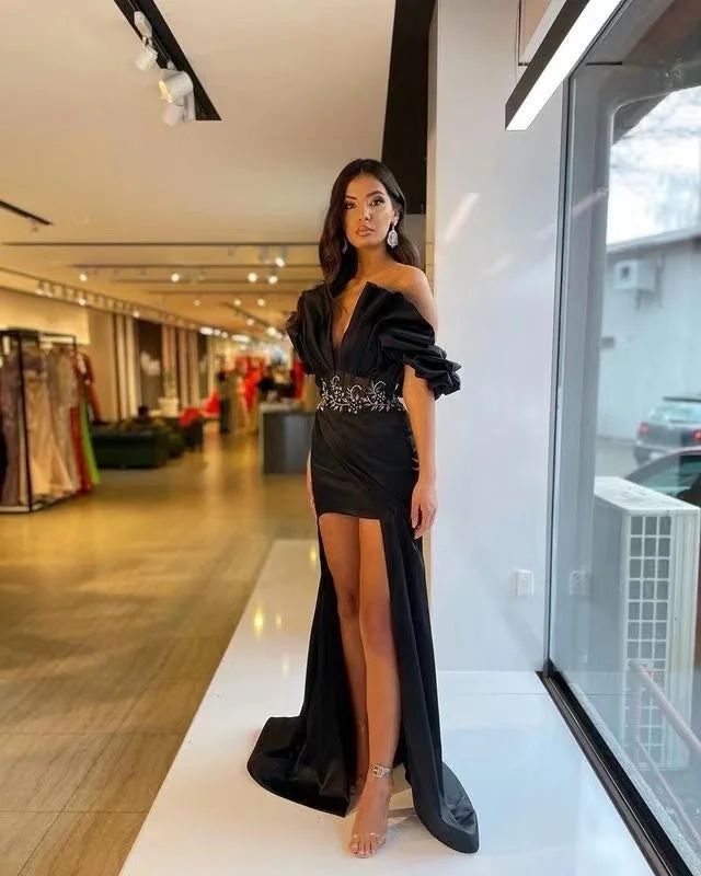 Ball - gown style formal dresses with sequined bodices for promED2088 Senior Irregular Evening Dresses Fashion V-Neck Printed Pleated Dress Backless Sexy Banquet Party Dress