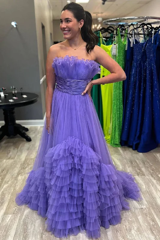 Party dresses with a bow detail for a cute and charming touch​Elegant Purple A Line Long Tiered Prom Dress